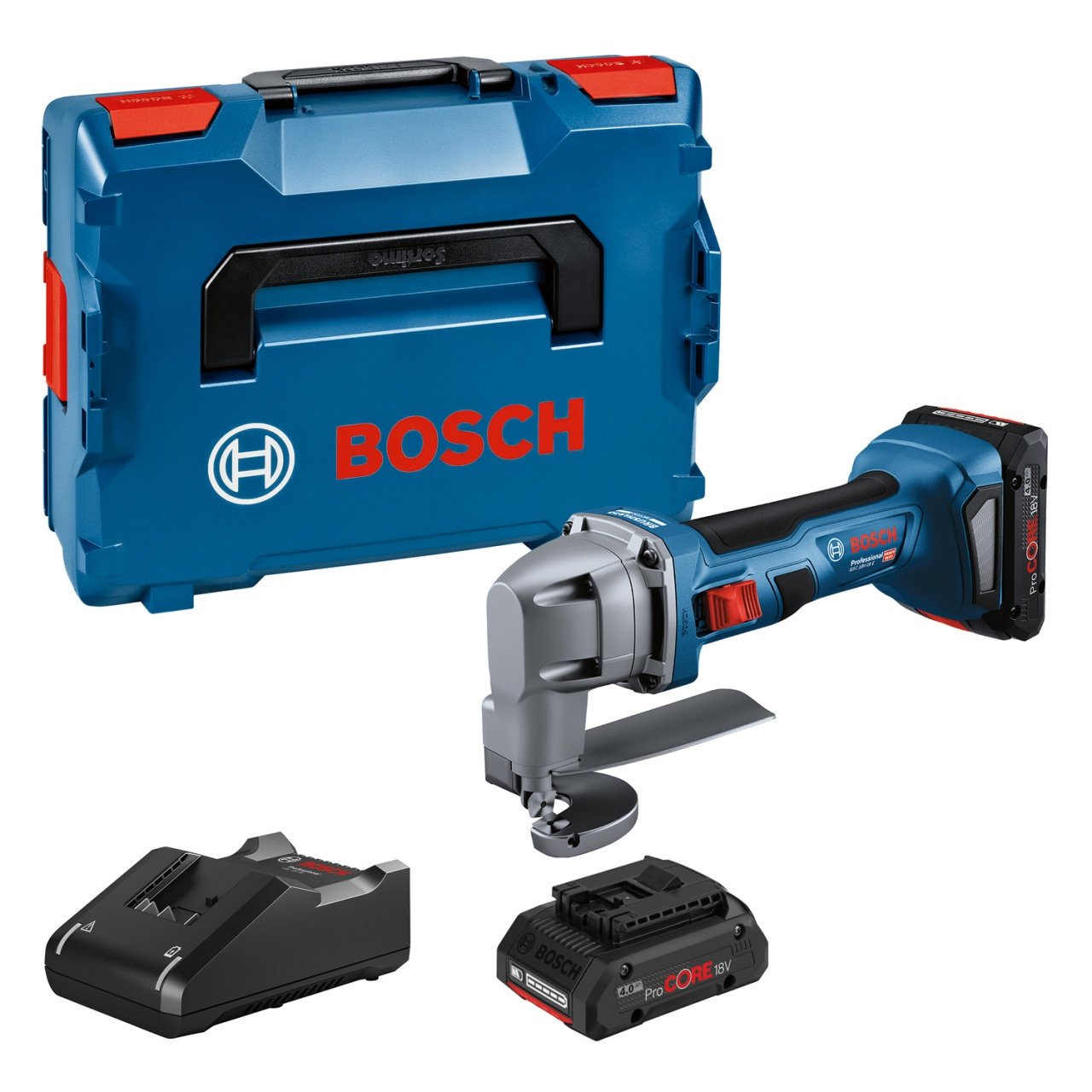 Bosch GSC 18V-16 E Foarfeca pentru tabla + 2 acumulatori ProCore Li-Ion 18V + incarcator 4Ah + L-Boxx