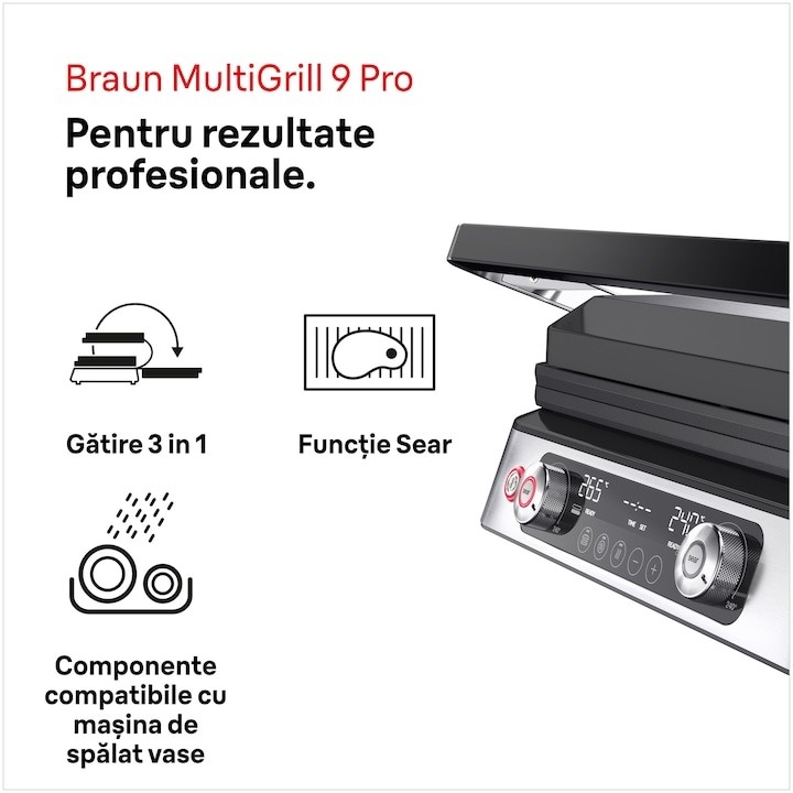Gratar electric Braun MultiGrill 9 Pro CG9140, 2200 W, 3 moduri de gatire, 2 zone de gatit cu termostate electronice independente, 3 programe automate, 1 set plăci detasabile, deschidere 180°, functie Sear, tava scurgere detasabila, argintiu - 2 | YEO