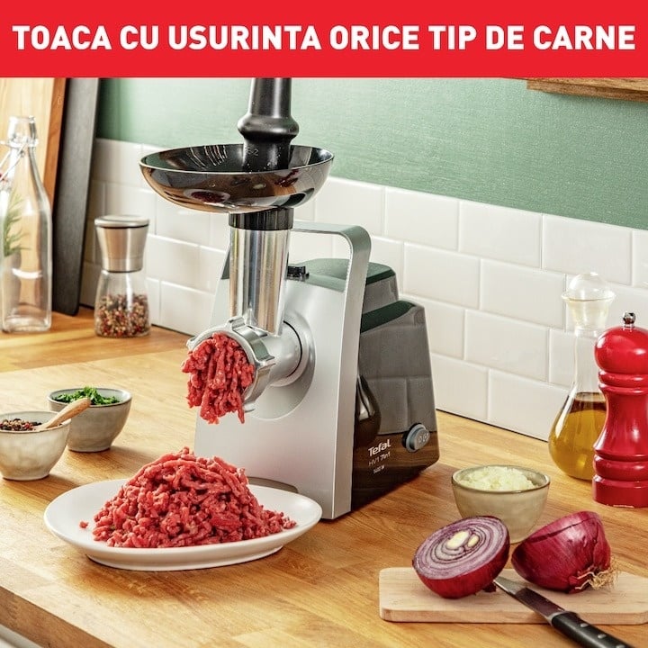 Masina de tocat Tefal 7 in 1 NE108831, 1400 W, 1.7 kg/min, functie reverse, 3 site din inox, 3 cilindrii pentru feliere, accesoriu pentru carnati, Negru