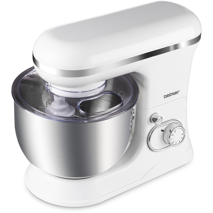Mixer planetar Zelmer ZKR1350, 1200 W, 6 trepte de viteza, functie Smartmix, pulse, bol inox 5 l, accesorii amestecare, framantare, mixare, carcasa plastic, Alb