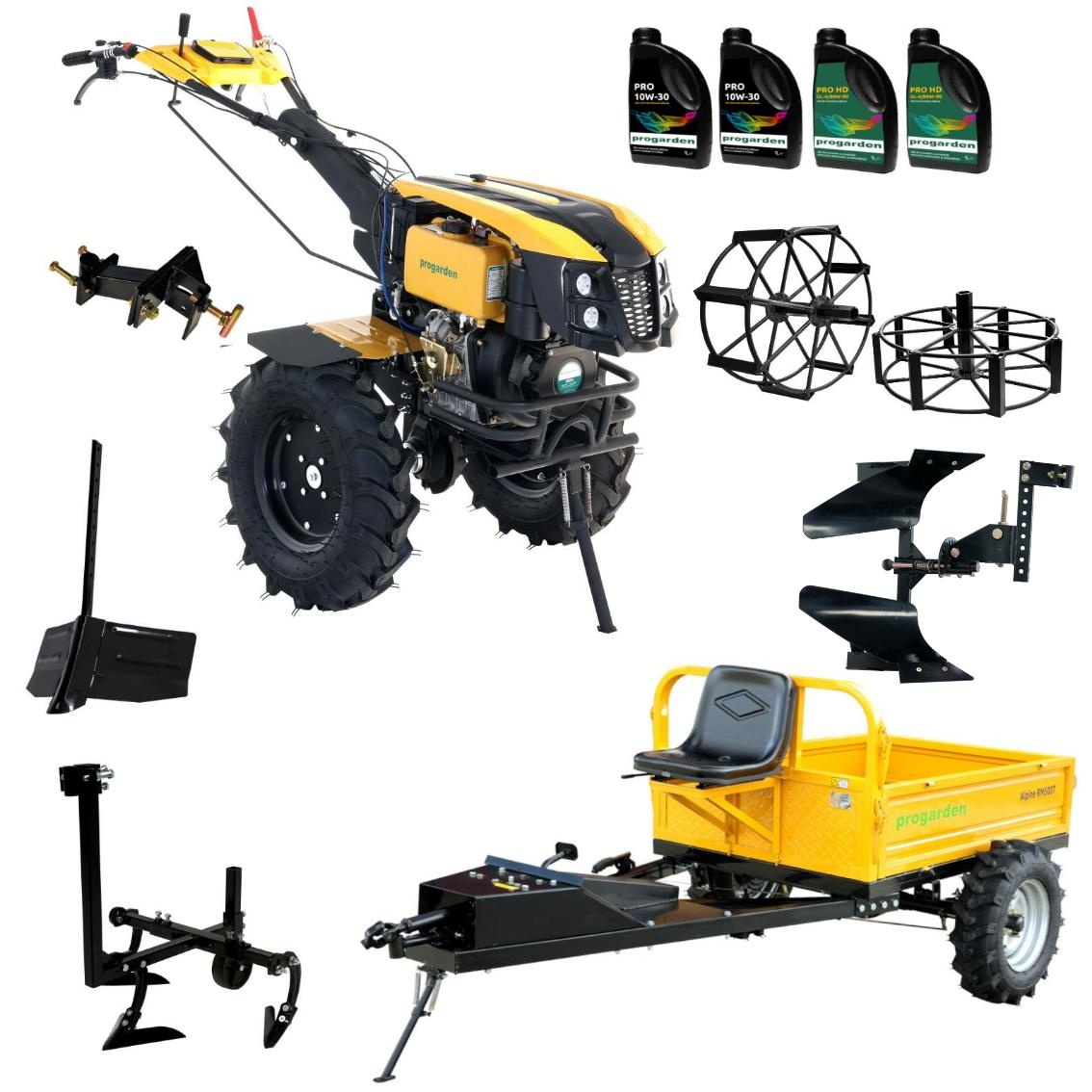 ProGARDEN Pachet Campo 1273 Alpine V2, Motocultor 12CP + PRS20-45 Prasitoare + Remorca RM500T+ Plug bilonat/rarita + Plug reversibil + Adaptor + 2 Roti metalice 540x170 + 4 L ulei