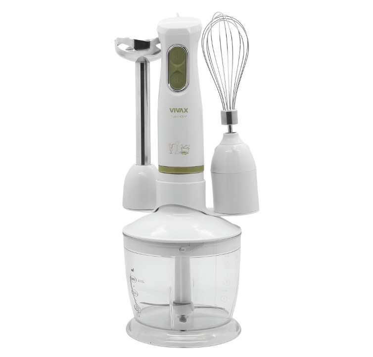 Set blender 3 in 1 Vivax HBS-400WG, 400W, 2 viteze, lama otel inoxidabil, maner detasabil, suport accesorii, alb/verde