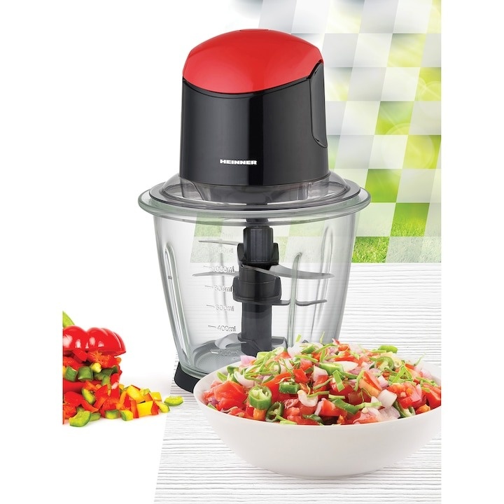 Tocator de legume Heinner, bol sticla 1.5L, 3 cutite din inox, angrenaj metalic, baza anti-alunecare, sistem de siguranta, putere: 500W, culoare negru cu rosu