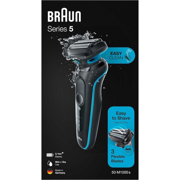 Aparat de ras Braun Series 5 50-M1000, Acumulator, Cap barbierit cu 3 lame, Umed/Uscat, Negru/Albastru - 1 | YEO