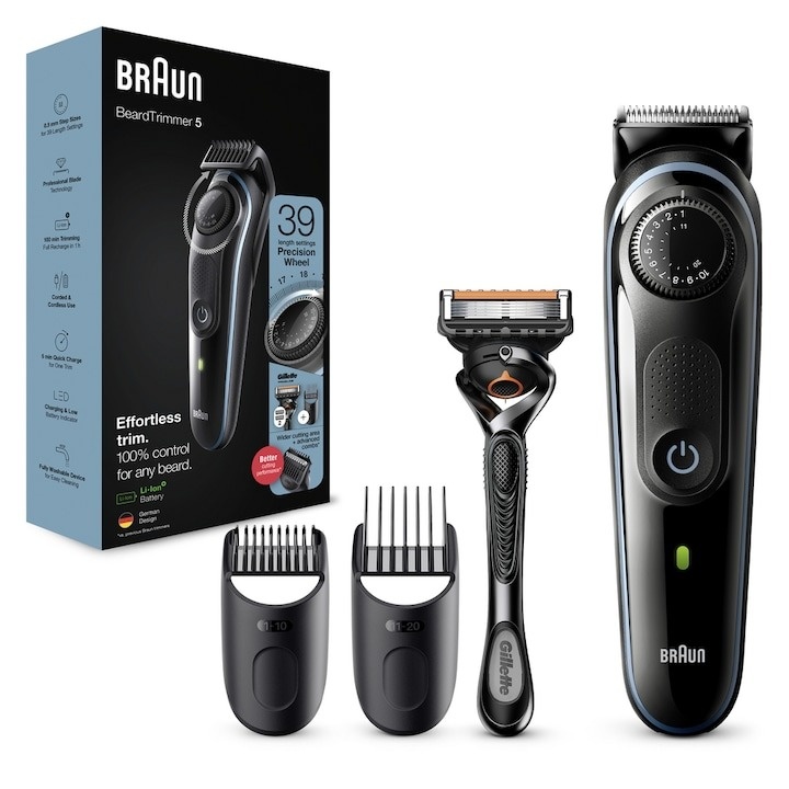 Aparat de tuns barba cu buton de precizie, Braun, 2 piepteni si aparat de ras Gillette Fusion5 ProGlide, Negru/Albastru