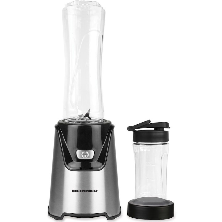 Blender sport Heinner WellGo Mix 400 HSB-T400SS, 400W, recipiente Tritan fara BPA 600/400ML, buton ON/OFF, 19000RPM, lame din inox, carcasa din inox, argintiu/negru