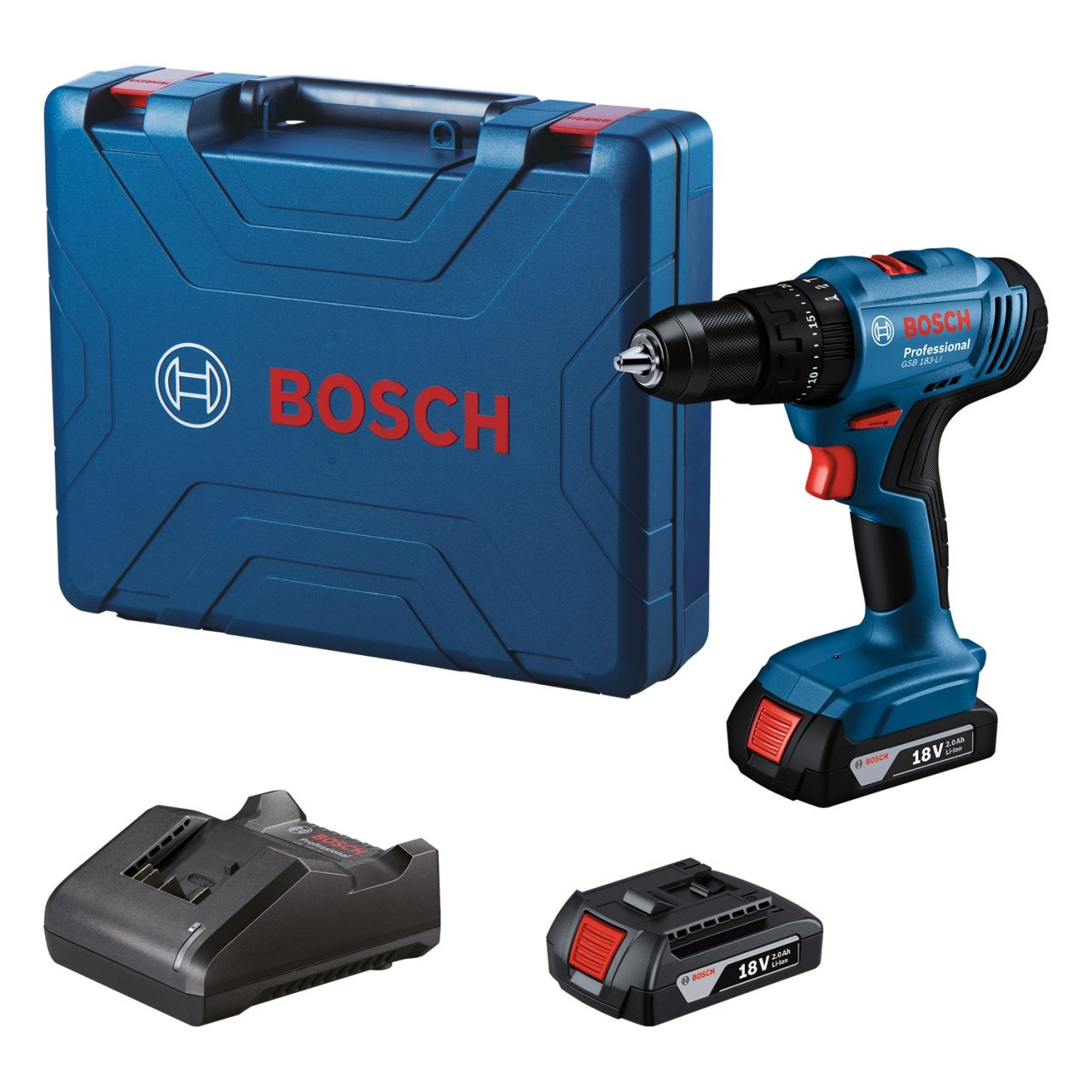 Bosch GSB 183-LI Masina de gaurit si insurubat 56Nm + 2 acumulatori Li-Ion 18V + incarcator + valiza profesionala