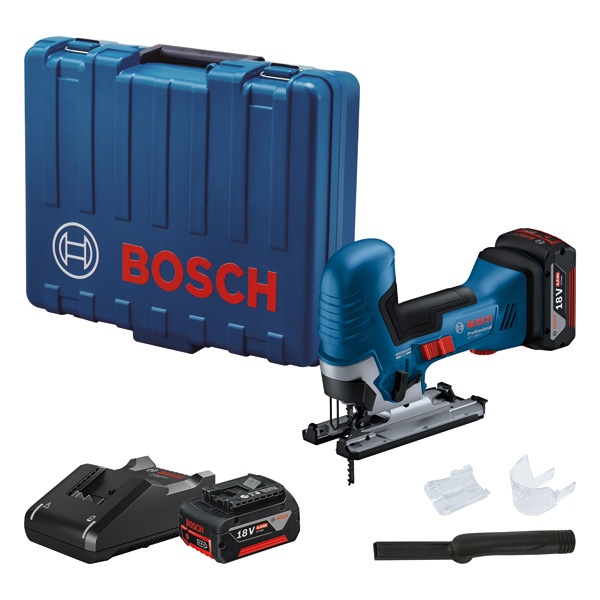 Bosch GST 185-LI Fierastrau vertical 125mm + 2 acumulatori Li-Ion 18V, 4Ah + incarcator rapid si acceorii