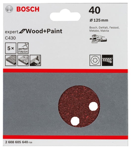 Bosch Set 5 foi abrazive Expert for Wood and Paint C430, 125mm, G40, 8 gauri - 1 | YEO