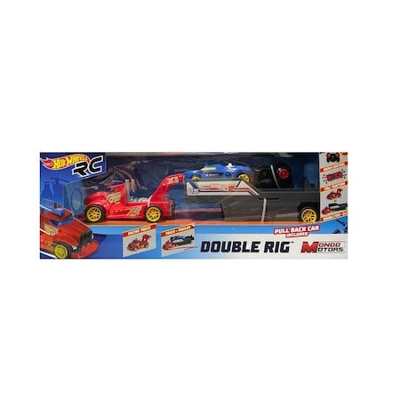 Camion Hot Wheels RC 2 in 1 - Masina de curse albastra si camion cu remorca, 36 cm