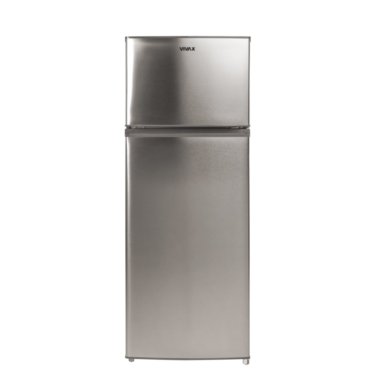 Frigider cu doua usi VIVAX DD-207E X, 204L, Clasa E, Termostat reglabil, Iluminare LED, Usi reversibile, Suprafata painted metal, 3 Rafturi de Sticla securizata, H 143 cm, Inox