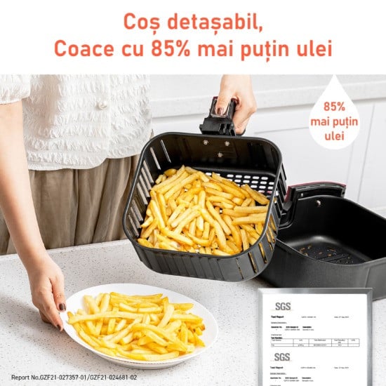 Friteuza cu aer cald, fara ulei, Cosori Air Fryer, Ecran digital, 11 functii de gatire presetate, 1 Grilaj pentru frigarui si 5 Frigarui, Capacitate 5.5 litri, 1700W, Rosu