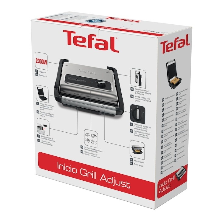 Grill Tefal Inicio GC242D38, 2000 W, Termostat 3 nivele, Placi cu invelis antiaderent, Inox/Negru