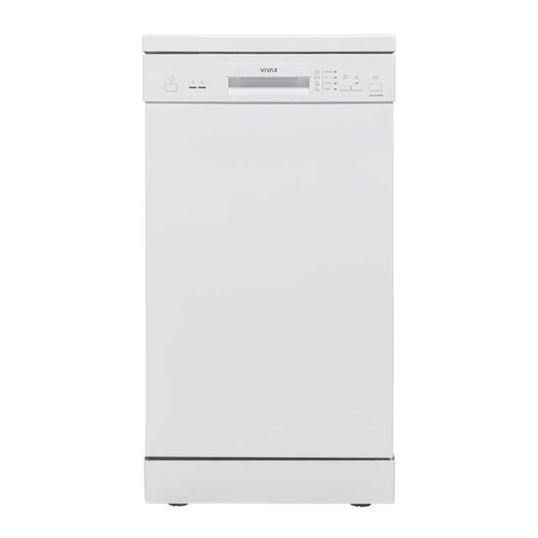 Masina de spalat vase slim VIVAX DW-45942B, 9 Seturi, 4 Programe, Clasa E, Eco, Doua cosuri, Spalare 360°, Intensiv, Quick Wash, Half load, Control electronic cu iluminare LED, Avertizare sare, Protectie overflow, 45cm, Alb