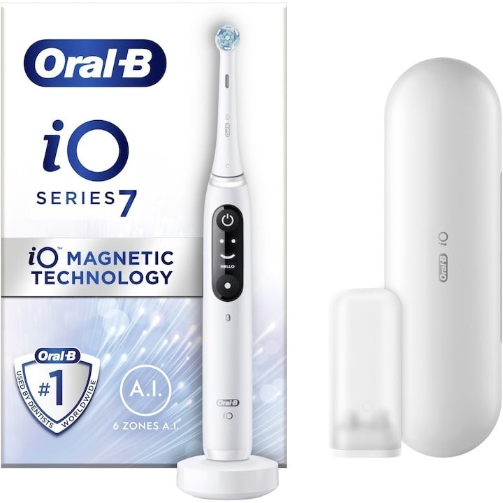 Periuta de dinti electrica Oral-B iO7 cu Tehnologie Magnetica si Micro-Vibratii, Inteligenta artificiala, Display led interactiv, Senzor de presiune Smart, Timer vizibil, 5 moduri, 1 capat, Suport rezerve, Incarcator magnetic, Trusa de calatorie, Alb