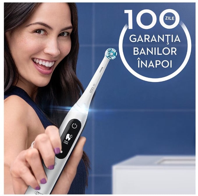 Periuta de dinti electrica Oral-B iO7 cu Tehnologie Magnetica si Micro-Vibratii, Inteligenta artificiala, Display led interactiv, Senzor de presiune Smart, Timer vizibil, 5 moduri, 1 capat, Suport rezerve, Incarcator magnetic, Trusa de calatorie, Alb