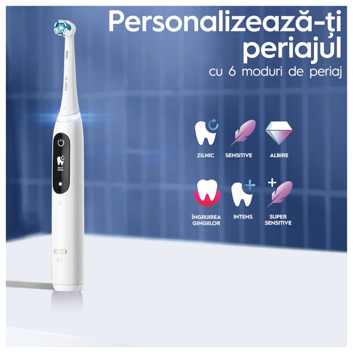 Periuta de dinti electrica Oral-B iO8 cu Tehnologie Magnetica si Micro-Vibratii, Inteligenta artificiala, Display led interactiv, Senzor de presiune Smart, Timer vizibil, 6 moduri, 1 capat, Suport rezerve, Incarcator magnetic, Trusa de calatorie, Alb - 3 | YEO