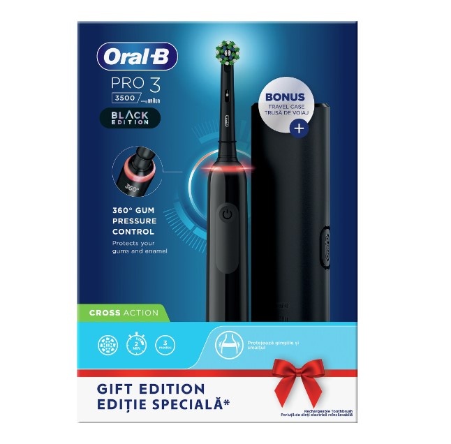 Periuta de dinti electrica Oral-B Pro 3 Cross Action, Curatare 3D, 3 programe, 1 capat, Trusa de calatorie, Negru