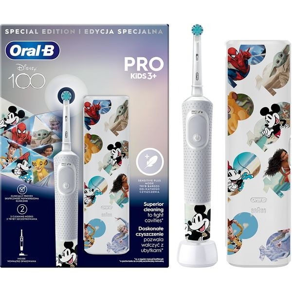Periuta de dinti electrica pentru copii Oral-B Vitality Pro Kids Mickey 100 pentru copii, Curatare 2D, 2 programe, 1 capat, 4 autocolante, +3 ani, Alb