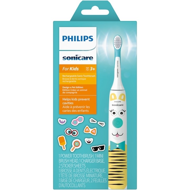 Periuta electrica sonica Philips Sonicare Kids HX3601/01, 2 intensitati, conectivitate la aplicatie, 1 capat de periere, aplicatie de consiliere, stickere, Alb/Bleu