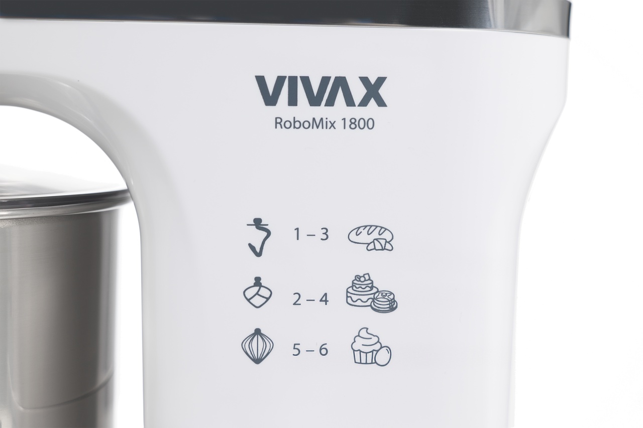 Robot mixer Vivax RM-71800WH , 1800 W, 6 Viteze + Turbo, 4 Accesorii, Bol otel inoxidabil, Alb/Argintiu - 3 | YEO