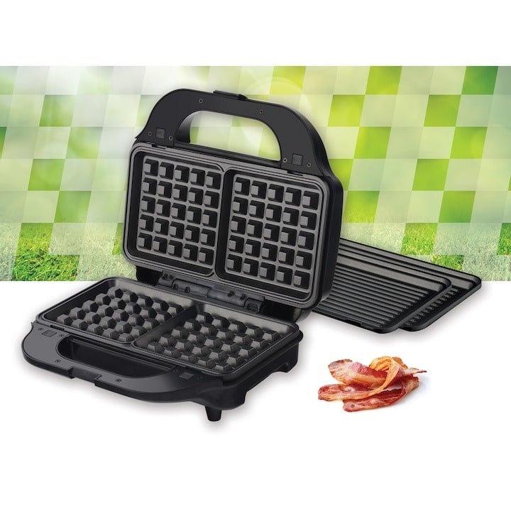 Sandwich maker Heinner SM-2H900BKS, 900 W, placi XL, 2 placi detasabile antiadezive: waffle, grill, Negru/Rosu