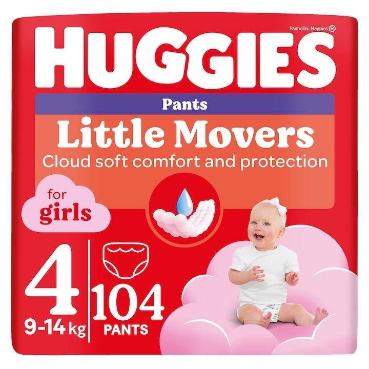 Scutece chilotel Huggies Little Movers 4, Girl, 9-14 kg, 104 buc