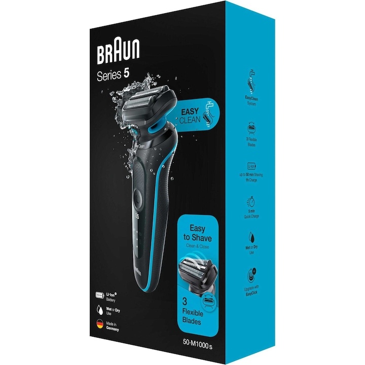 Aparat de ras Braun Series 5 50-M1000, Acumulator, Cap barbierit cu 3 lame, Umed/Uscat, Negru/Albastru - 2 | YEO