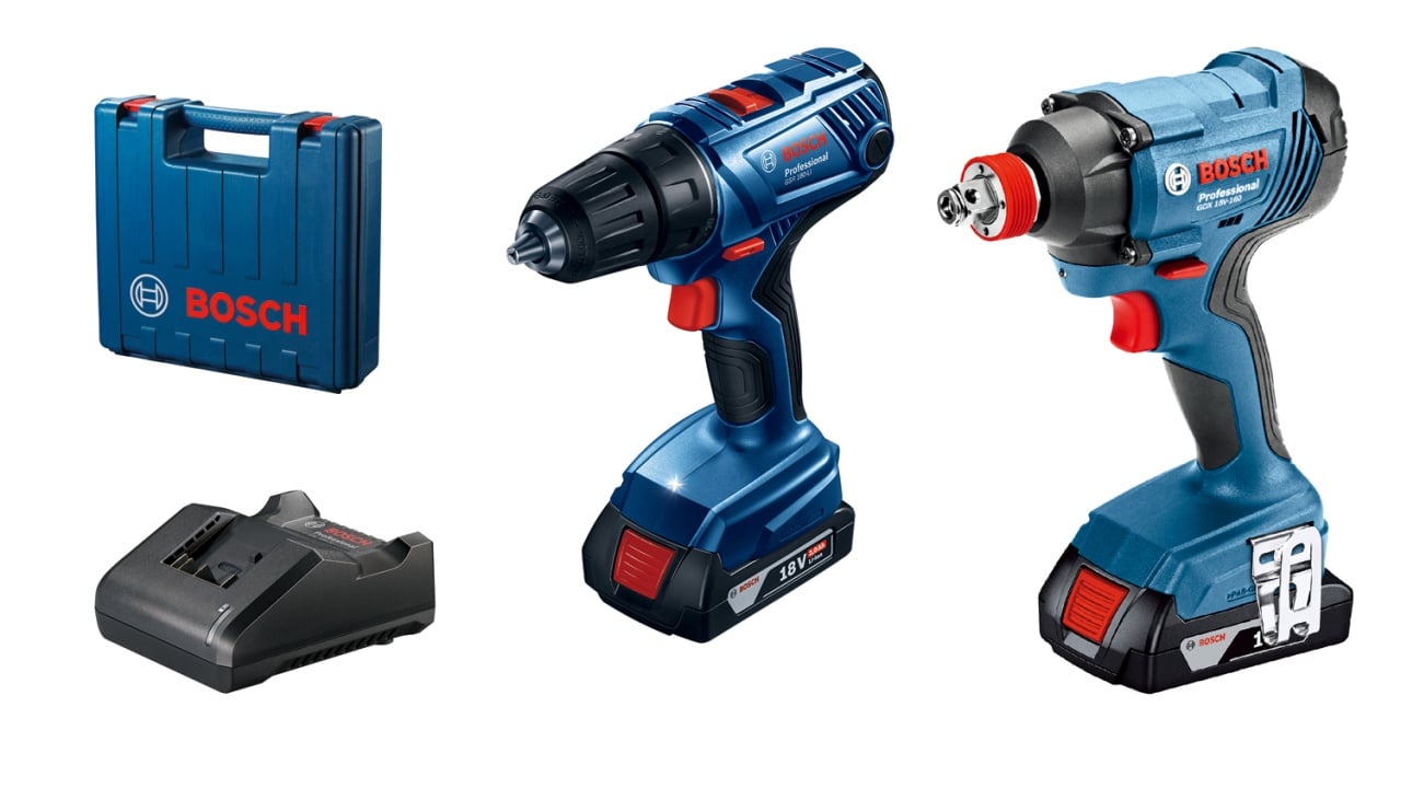 Bosch Kit 2 scule 18V GSR 180-LI Masina de gaurit si insurubat cu 2 acumulatori Li-Ion, 1.5Ah, 54Nm + GDX 180-LI Masina de insurubat cu impact, 180Nm + Valiza