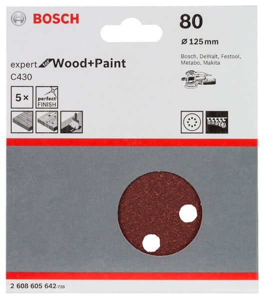 Bosch Set 5 foi de slefuire Expert for Wood and Paint C430, 125mm, G80, 8 orificii - 1 | YEO