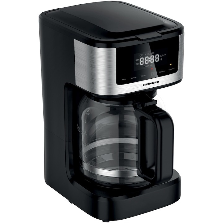 Cafetiera digitala Heinner HCM-DD900BKSS , 900w, 1.8l capacitate, display digital cu control touch, tarie cafea ajustabila, Negru cu insertii inox