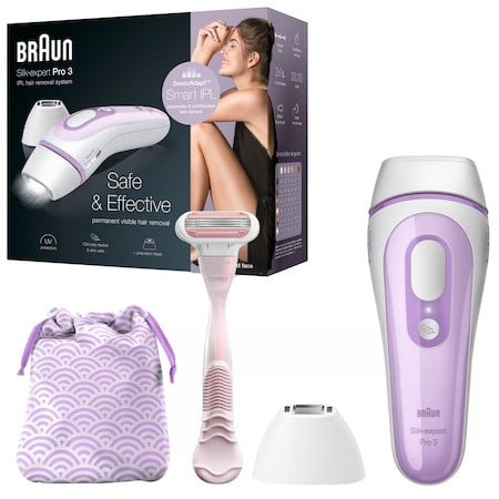 Epilator IPL Braun Silk-expert PRO 3 PL3132, SensoAdapt™, 300.000 impulsuri, 3 niveluri de intensitate, corp si fata, cap de precizie, aparat de ras Venus, Saculet de calatorie, Alb/Mov