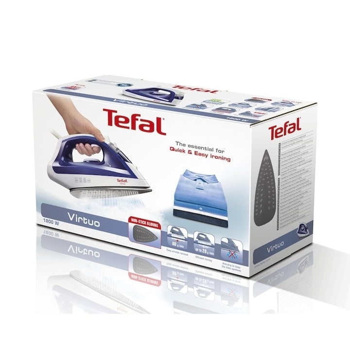 Fier de calcat Tefal Virtuo FV1711E0, 1800W, jet de abur 80 g/ min, abur variabil 0-24 g/ min, rezervor apa 200 ml, functie anticalcar, sistem antipicurare, albastru