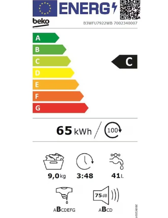 Masina de spalat rufe Beko B3WFU7922WB, 9 kg, 1200 RPM, Clasa C, Motor ProSmart Inverter, Recycled Tub, Hygiene+, SteamCure, HomeWhiz, AddXtra, Alb