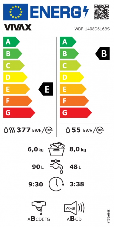 Masina de spalat rufe cu uscator VIVAX WDF-1408D616BS, Spalare 8 kg, 1400 RPM, Uscare 6 kg, Eco ,Clasa B Spalare, Clasa E Uscare, Display digital, Control electronic, Blocare acces copii, Temperatura reglabila, Quick Wash, Delay Start, 16 Programe, Alb - 2 | YEO