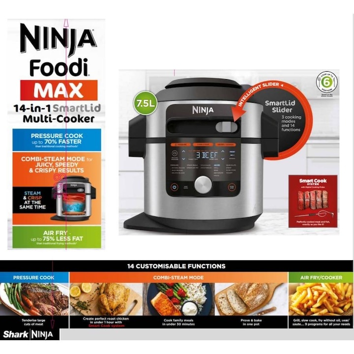 Multicooker 14 in 1 Ninja OL750EU, 1760 W, 7.5 l, 14 programe, Negru argintiu - 1 | YEO