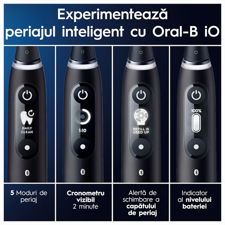 Periuta de dinti electrica Oral-B iO6 cu Tehnologie Magnetica si Micro-Vibratii, Inteligenta artificiala, Display led interactiv, Senzor de presiune Smart, Timer vizibil, 5 moduri, 1 capat, Trusa de calatorie, Negru