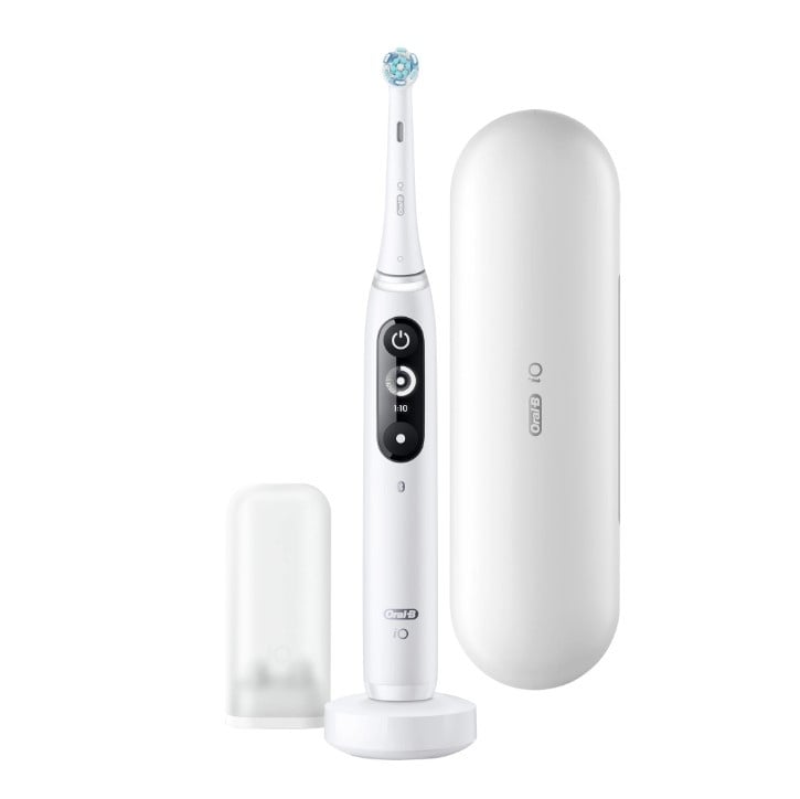 Periuta de dinti electrica Oral-B iO7 cu Tehnologie Magnetica si Micro-Vibratii, Inteligenta artificiala, Display led interactiv, Senzor de presiune Smart, Timer vizibil, 5 moduri, 1 capat, Suport rezerve, Incarcator magnetic, Trusa de calatorie, Alb - 1 | YEO