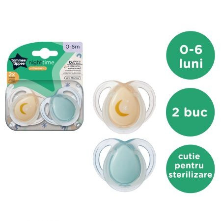 Set 2 Suzete ortodontice Tommee Tippee Night Time, 0-6 luni, Portocaliu-Verde, cutie sterilizare - 1 | YEO