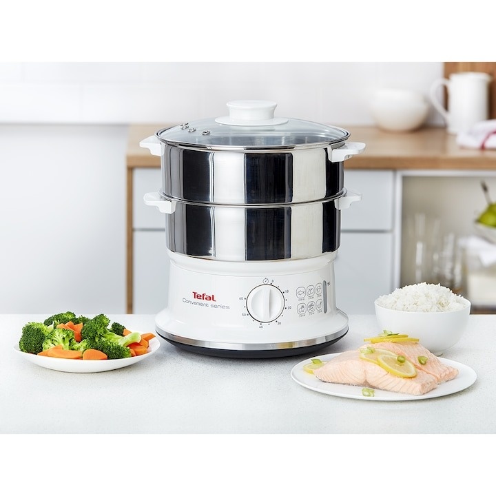 Aparat de gatit cu aburi Tefal VC145130, 900W, 6 L, timer de 60 de minute cu oprire automata, compatibil cu masina de spalat vase, nivel de apa vizibil, accesoriu pentru orez, alb/inox