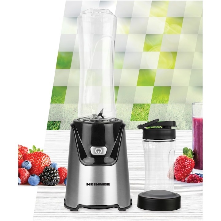 Blender sport Heinner WellGo Mix 400 HSB-T400SS, 400W, recipiente Tritan fara BPA 600/400ML, buton ON/OFF, 19000RPM, lame din inox, carcasa din inox, argintiu/negru