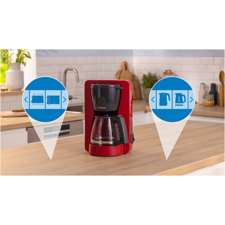 Cafetiera Bosch My Moment TKA2M114, 1.37 l, cana sticla, sistem antipicurare, oprire automata, rezervor de apa detasabil, cu sistem de umplere usoara, Rosu (Resigilat) - 1 | YEO