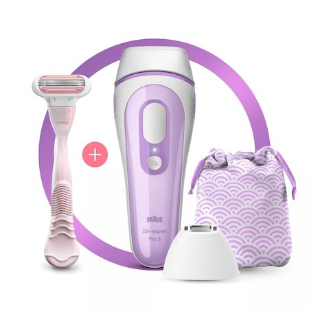 Epilator IPL Braun Silk-expert PRO 3 PL3132, SensoAdapt™, 300.000 impulsuri, 3 niveluri de intensitate, corp si fata, cap de precizie, aparat de ras Venus, Saculet de calatorie, Alb/Mov - 1 | YEO