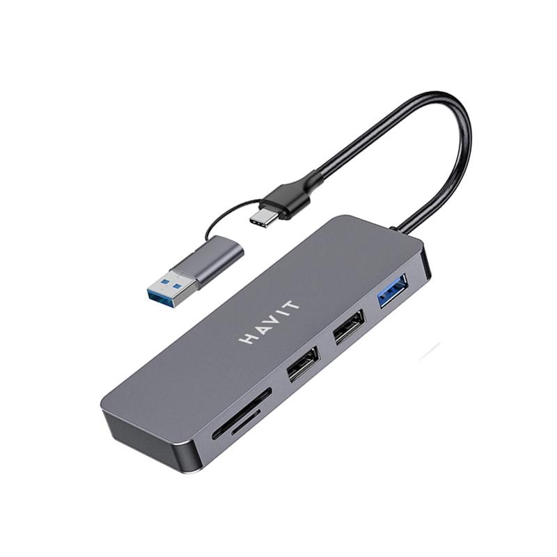 Hub USB-C multiplu 5 in 1 HAVIT HV-H41, 3 USB A, 2 SD card slot, 110 x 40 x 12 mm, Viteza transfer date 5 Gbps, Gri Argintiu - 1 | YEO