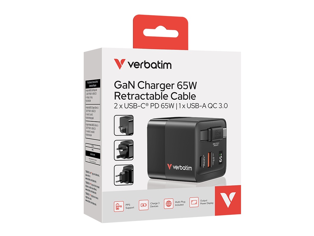 Incarcator Verbatim GaN 65W cablu retract EU/UK/US1 x USB-C PD 65W, 1 x USB-A QC 3.0 - 2 | YEO
