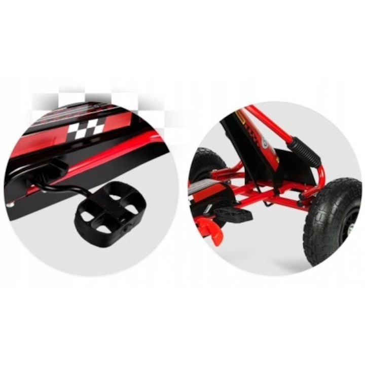 Kart cu Pedale pentru Copii Racer Air, Scaun Reglabil 2 Pozitii, Frana pe Rotile din Spate, Schimbator cu Functie Free Wheel, Negru-Rosu