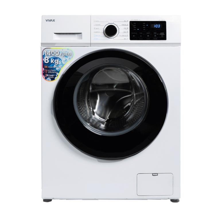 Masina de spalat rufe VIVAX WFL-140812CI, 8kg, 1400 RPM, BLDC Motor Inverter, Clasa A, Steam, Baby Care, Eco, Display digital, Control electronic, Drum Clean Sterilization, Quick Wash, Delay Start, 12 Programe, Alb