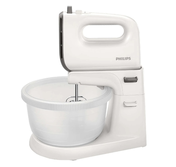 Mixer cu bol Philips Viva Collection HR3745/00, 450 W, 5 viteze, Functie Turbo, Bol actionare automata, capacitate bol 3L, , Alb/Gri