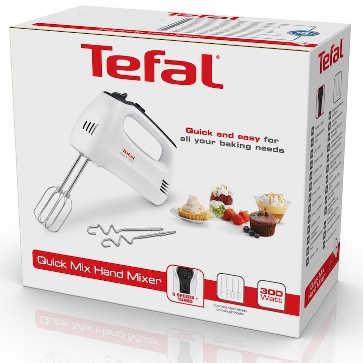 Mixer de mana Tefal Quick Mix HT310138, 300W, 5 viteze, functie Turbo, 2 accesorii pentru aluat, 2 teluri, Alb