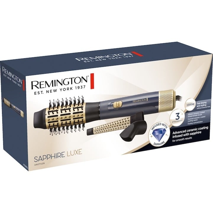 Perie cu aer cald Remington Sapphire Luxe Airstyler AS5805, 1000 W, 2 viteze, Invelis ceramic, Auriu/Albastru inchis